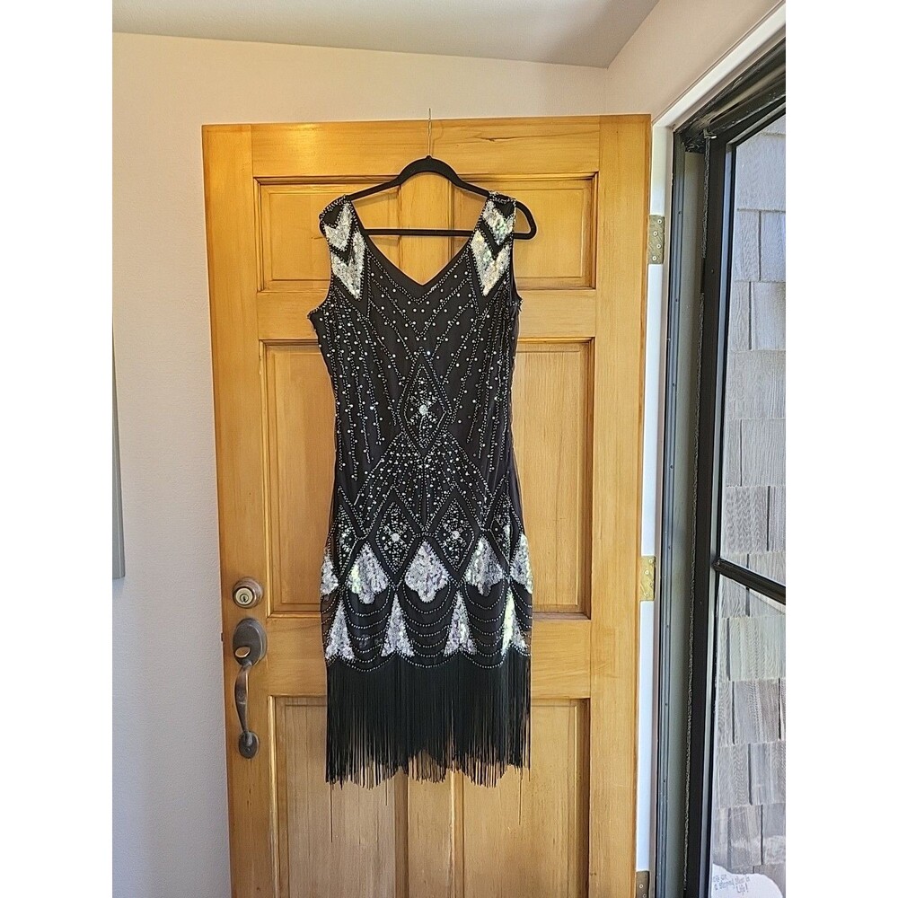 Unique Vintage Black & Siver Beaded Flapper Fringed Dress XL